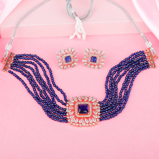 Estele Rose Gold-Polished CZ Square Choker Necklace Set with Navy Blue Beads for Women