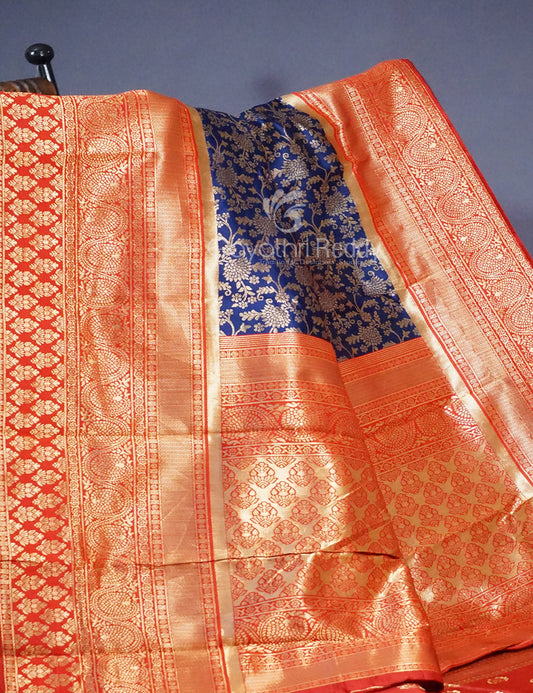 Shades of Navy Blue Floral Designbanaras Semi Silk Saree By Gayathri Reddy Designer Studio | Swadesiicart