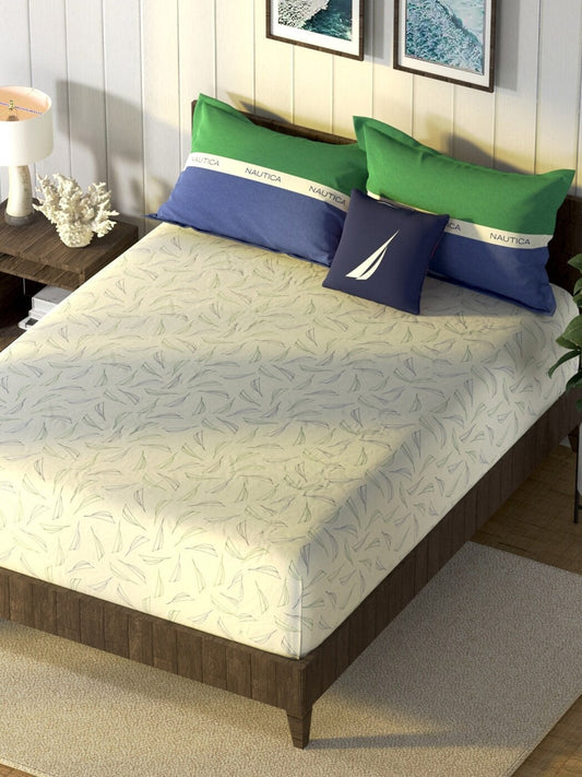 Nautica Noridge Green & Blue Floral Cotton 160 TC King Bedsheet With 2 Pillow Covers - Swadesiicart