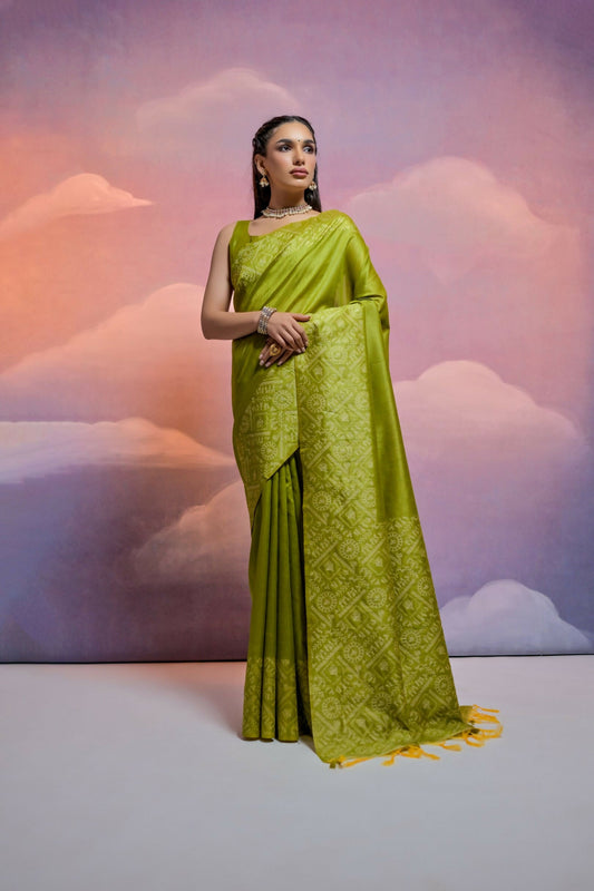 Vishnu Weaves Women's Mahendi Handloom Raw Silk Woven Border Saree with Blouse - Swadesiicart
