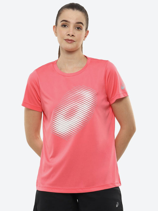ASICS Women Pink Brand Logo Printed BIG GRAPHIC SS Round Neck Sports Running T-shirt | Swadesiicart