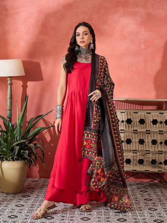 InWeave Red Strappy Kurta Set Black Patola Dupatta - Swadesiicart