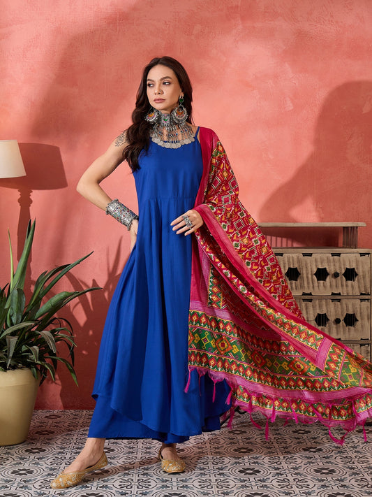 InWeave Ink Blue Strappy Kurta Set Pink Patola Dupatta - Swadesiicart