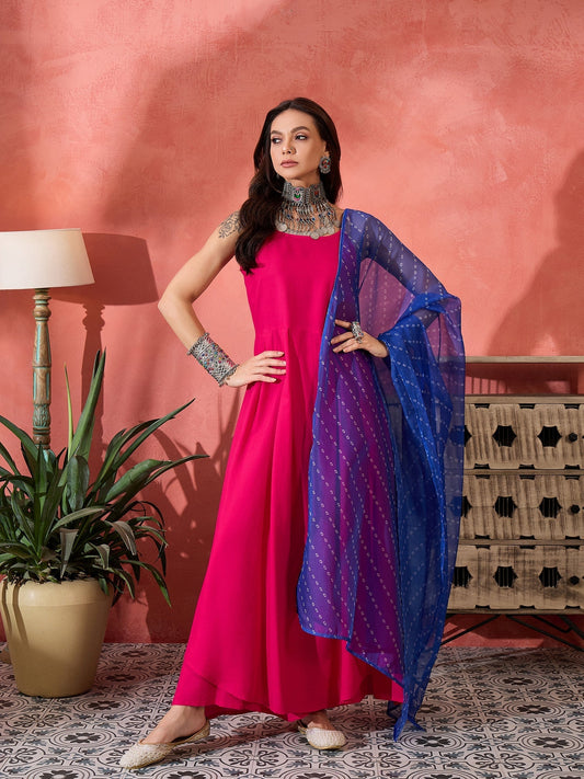 InWeave Fuchsia Strappy Kurta Set Blue Bandhani Or Dupatta - Swadesiicart