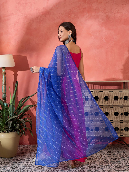 InWeave Fuchsia Strappy Kurta Set Blue Bandhani Or Dupatta - Swadesiicart