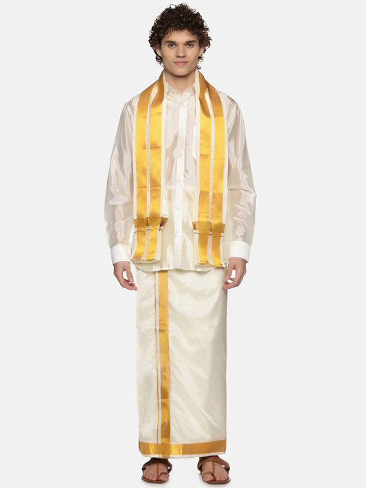 Sethukrishna Men Cream Solid With Angavastram | Swadesiicart