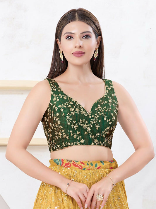 Joban Fashion Dark-Green Mulberry Silk Sleeveless Back Open Blouse - Swadesiicart