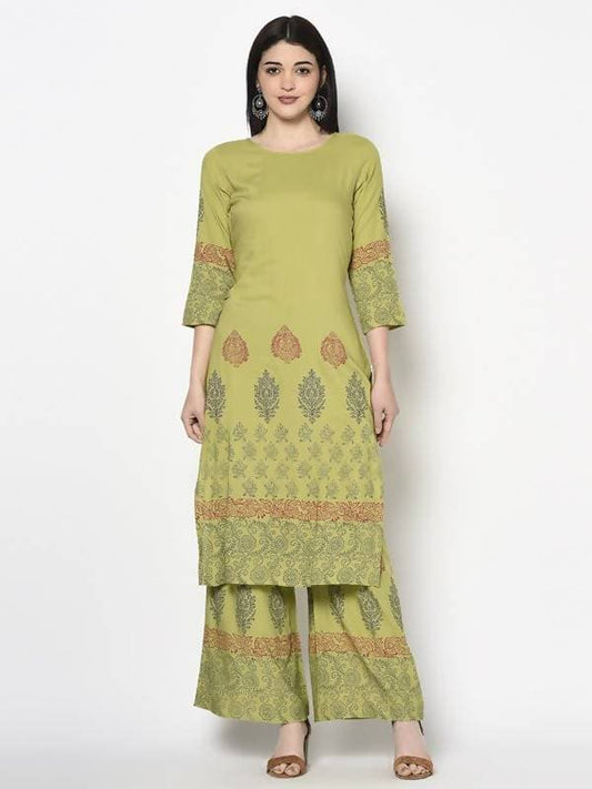 Aniyah Rayon Parrot Green Color Block Print Straight Kurta (AN-198K) - Swadesiicart