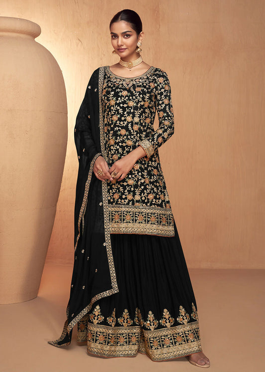 Black Real Chinnon Embroidered Wedding Festive Palazzo Suit - Emponline | Swadesiicart