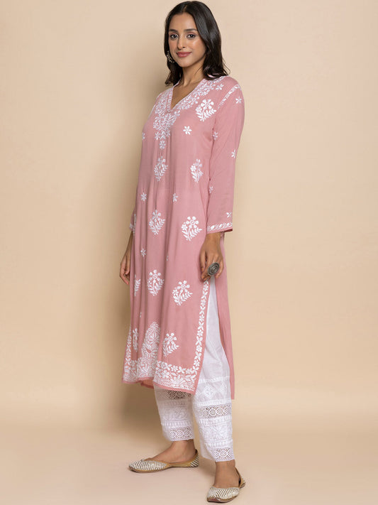 HOUSE OF KARI Floral Embroidered Fizaa Chikankari Pure Cotton Straight Kurta | Swadesiicart