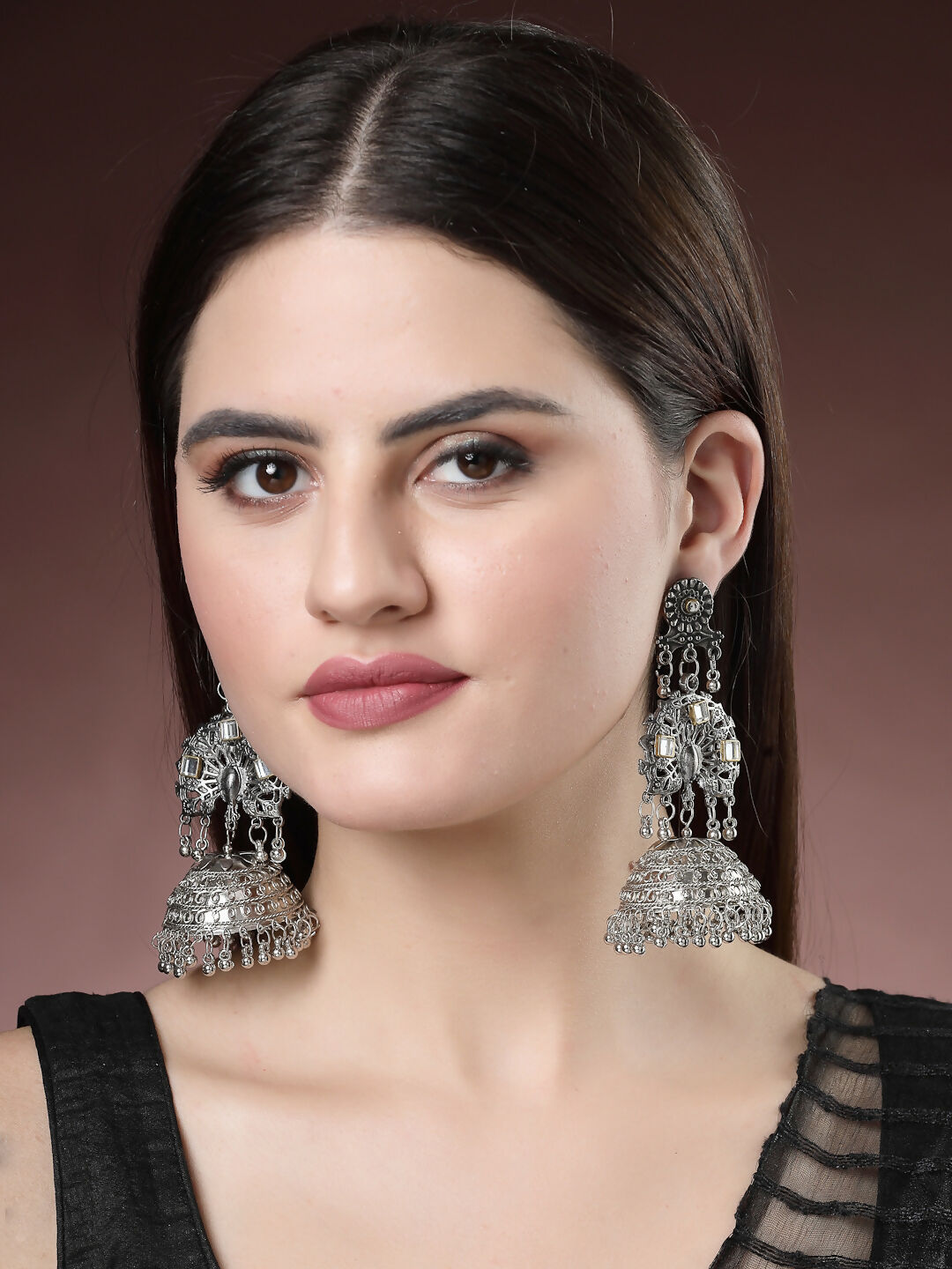 NVR Women's Silver Plated Mirror Work Oxidised Contemporary Jhumka Earrings | Swadesiicart