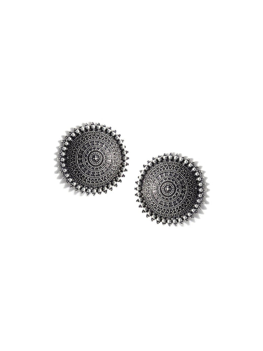 Silver-Plated Alloy Antique Silver Round Earrings With Ring - The Pari