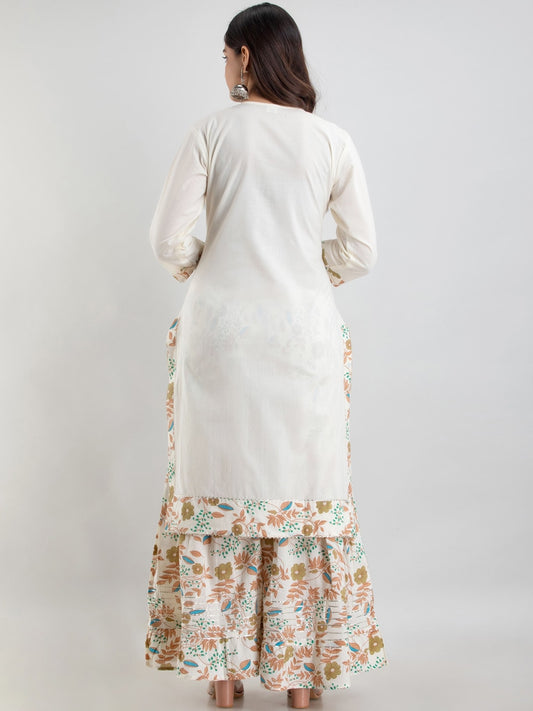 Kalini Off White Floral Yoke Desig Mirror Work Pure Cotton Kurta & Sharara With Dupatta | Swadesiicart