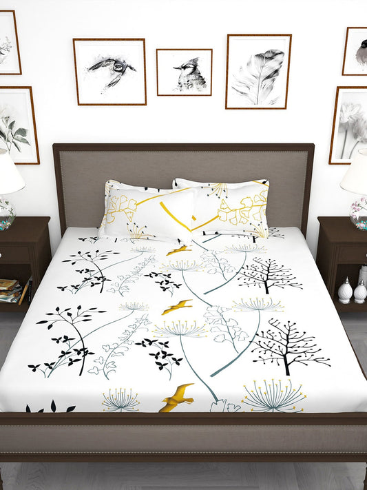 Story@home White & Blue Floral King Bedsheet with 2 Pillow Covers