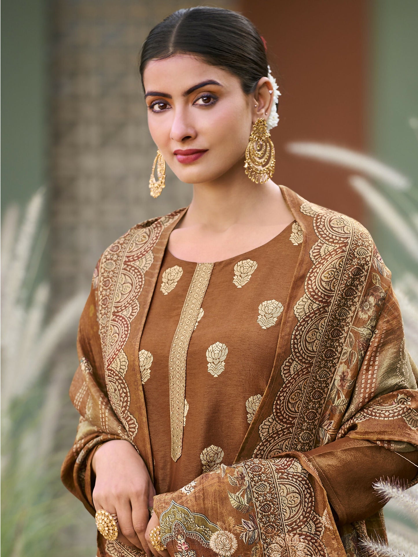 Jyoti Fashion Women's Brown Pure Silk Elegant Jacquard Woven Kurta with Trouser & Dupatta | Swadesiicart