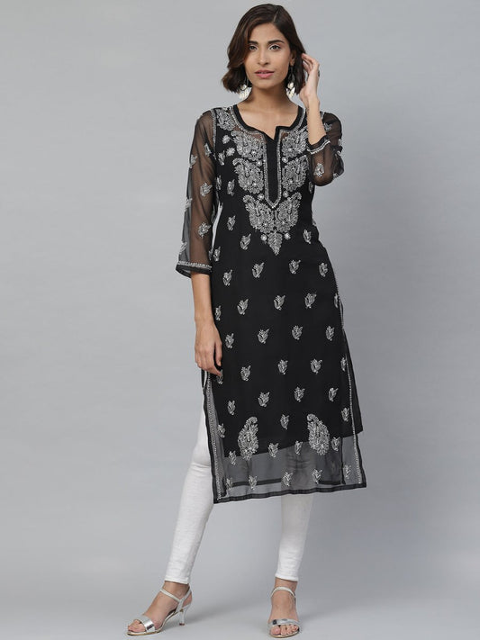 ADA Women Black & White Paisley Chikankari Embroidered Straight Handloom Kurta | Swadesiicart