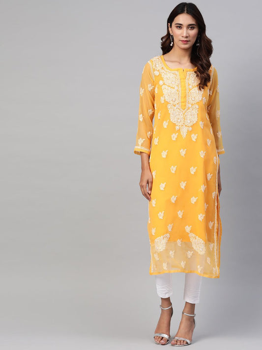 ADA Women Mustard & White Chikankari Embroidered Sustainable Kurta with Trousers & Inner | Swadesiicart