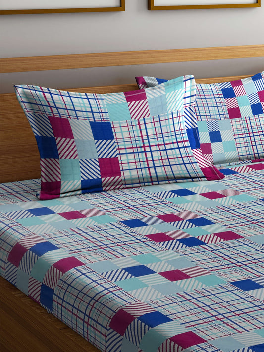 BOMBAY DYEING Marigold Blue Geometric Cotton 104 TC King Bedsheet With 2 Pillow Covers - Swadesiicart