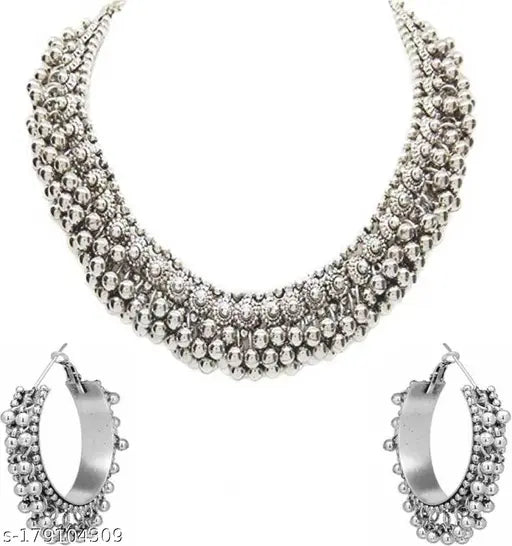 Tehzeeb Creations Women's Silver Colour Ghungroo Design Bracelet Necklace And Earrings - Swadesiicart
