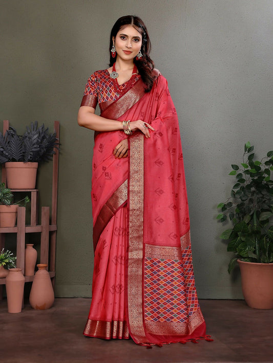 Joban Fashion Carrot Red Woven Design Banarasi Silk Sarees | Swadesiicart