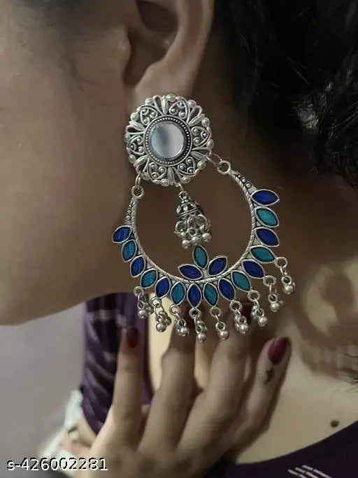Tehzeeb Creations Women's Silver Plated Blue Meenakari Earrings | Swadesiicart