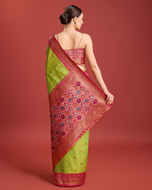 Monjolika Fashion Exquisite Designs With This Regal Parrot Green Patola Pallu Banarasi Tissue Silk Saree | Swadesiicart