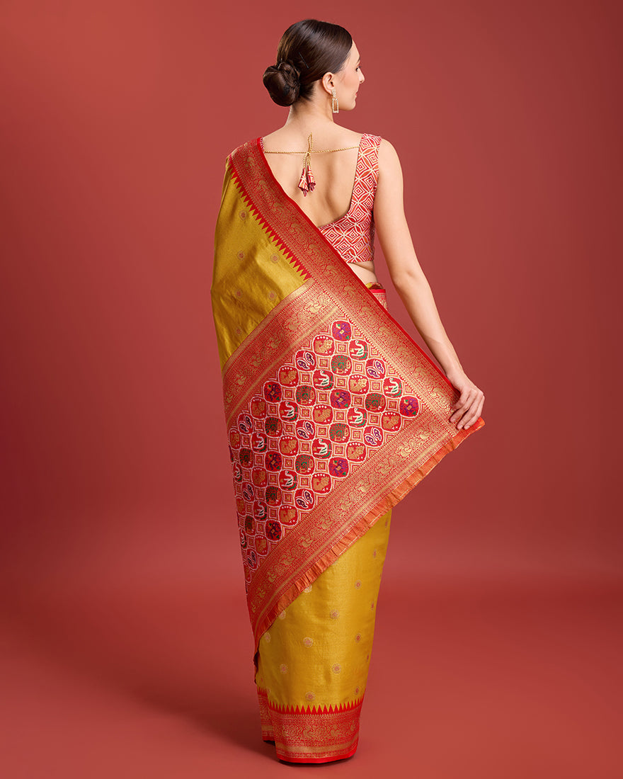 Monjolika Fashion Exquisite Designs With This Regal Mustard Color Patola Pallu Banarasi Tissue Silk Saree | Swadesiicart