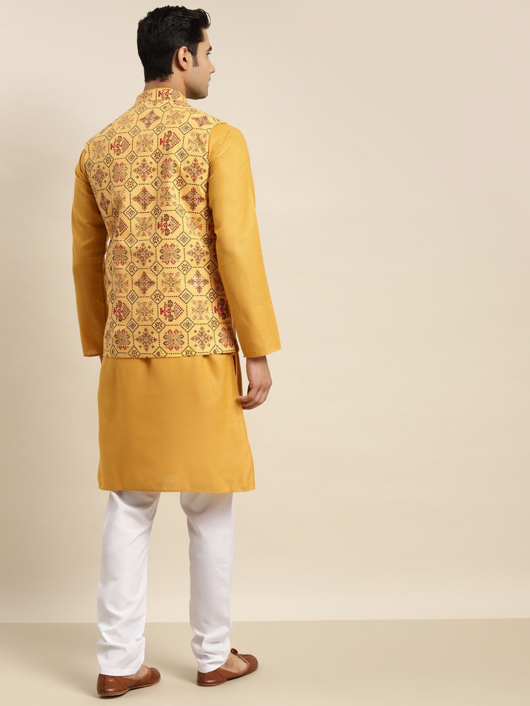 Sojanya Men Mustard Yellow Pure Cotton Kurta with Churidar & Nehru Jacket | Swadesiicart