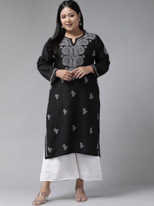 ADA Women Plus Size Black & White Chikankari Hand Embroidered Sustainable Straight Kurta | Swadesiicart