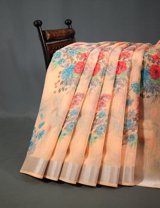 Shades of Light Peach Colour Print Semi Chanderi Saree By Gayathri Reddy Designer Studio | Swadesiicart