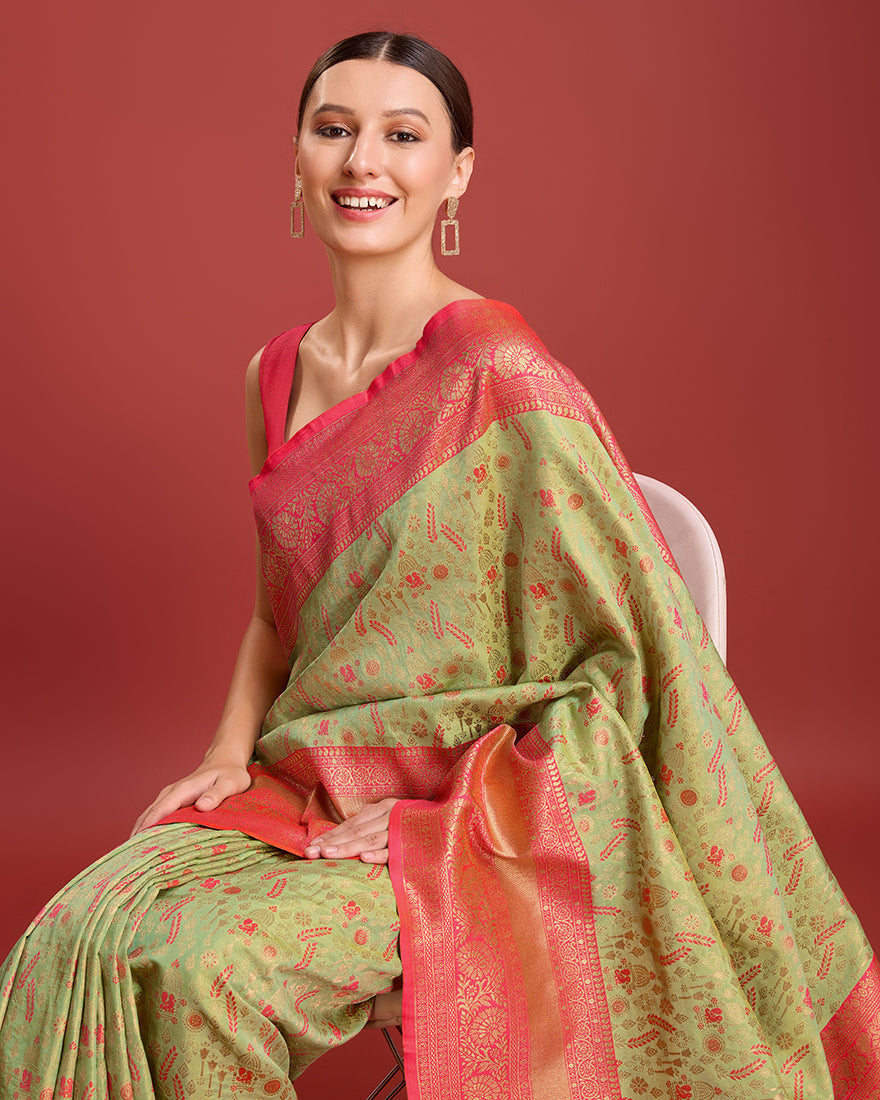 Monjolika Fashion Glamour And Tradition With This Pastel Green Color Zari Woven Banarasi Tissue Silk Saree | Swadesiicart