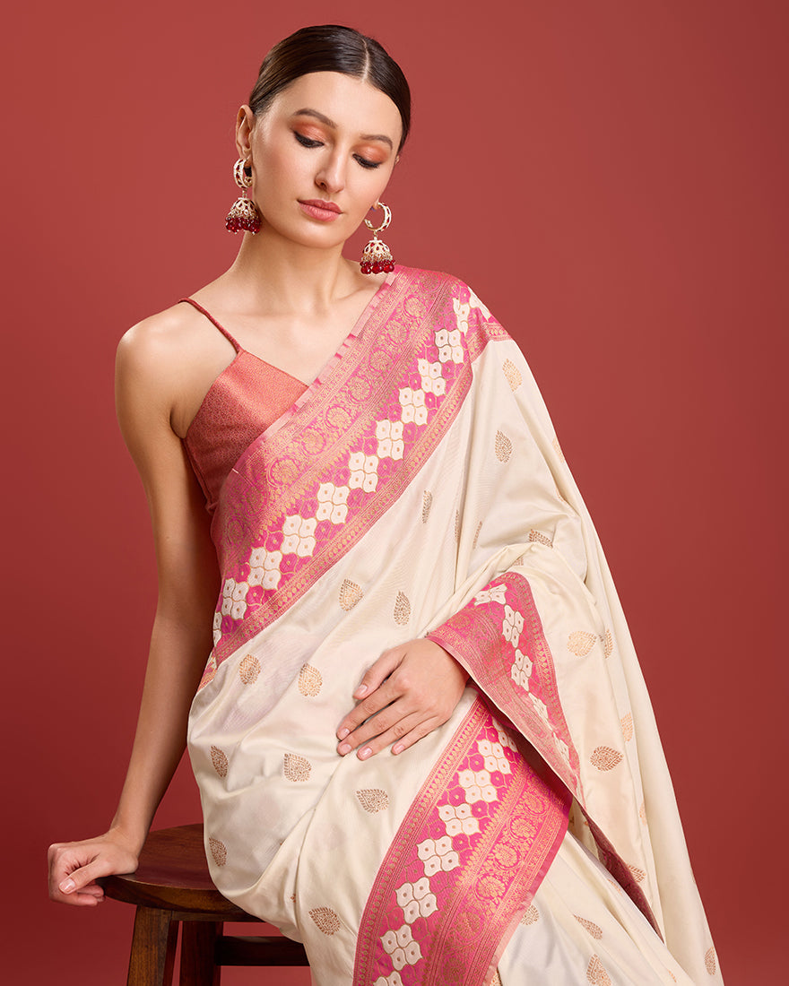 Monjolika Fashion Cream Color Banarasi Rich Zari Woven Weave For Opulent Charm Silk Saree | Swadesiicart