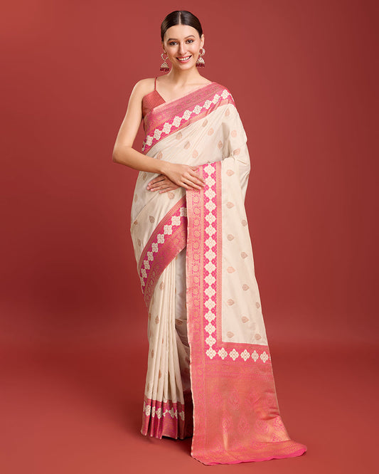 Monjolika Fashion Cream Color Banarasi Rich Zari Woven Weave For Opulent Charm Silk Saree | Swadesiicart