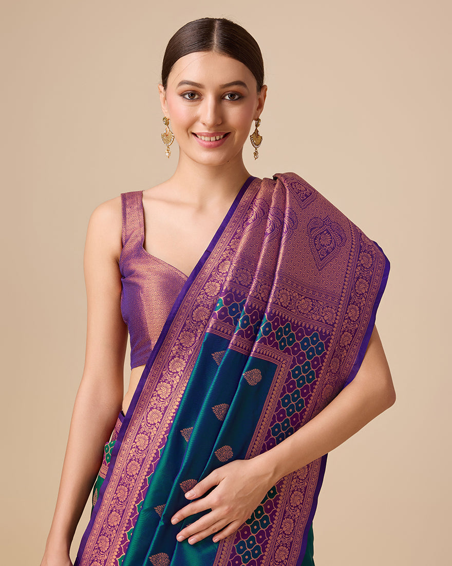 Monjolika Fashion Dark Teal Color Banarasi Rich Zari Woven Weave For Opulent Charm Silk Saree | Swadesiicart
