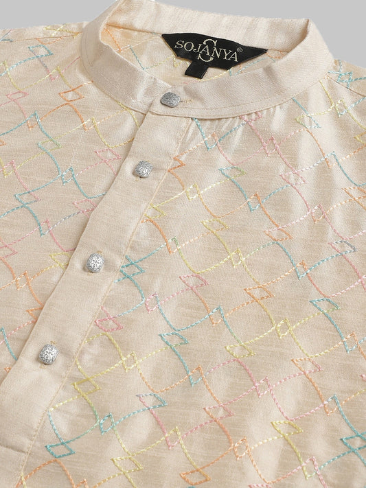 Sojanya Band Collar Embroidered Cotton Silk Kurta | Swadesiicart