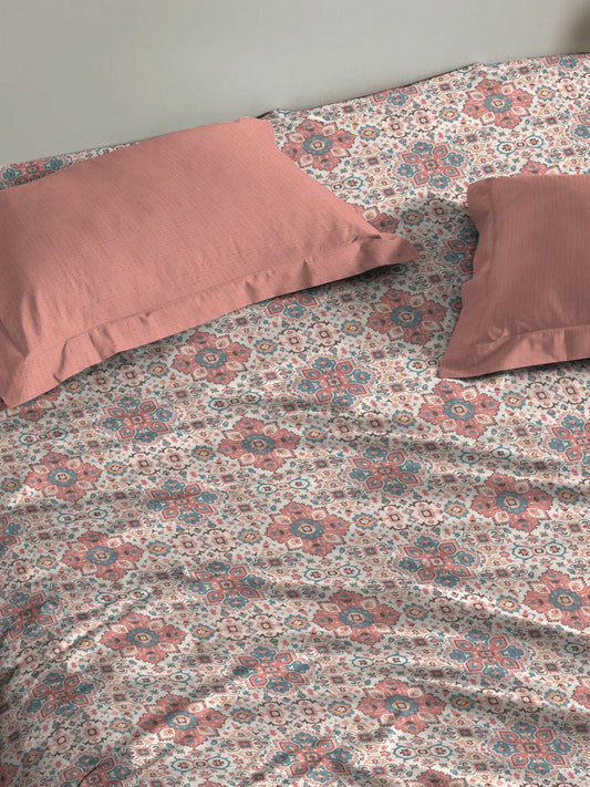 MYTRIDENT Dusk and Dawn White Printed Pure Cotton 144 TC Queen Bedsheet With 2 Pillow Covers - Swadesiicart