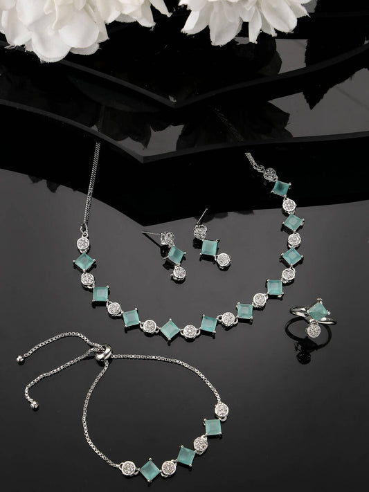 NVR Women Silver Plated & Blue Cz Stone Handcrafted Jewellery Set - Swadesiicart
