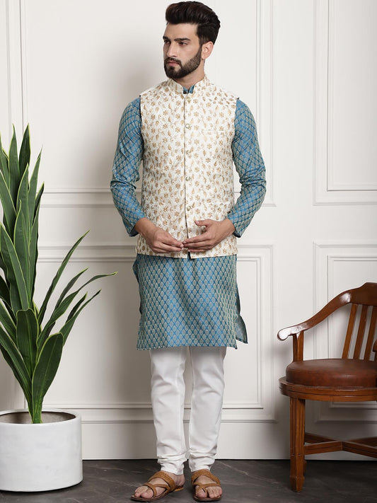 Sojanya Men Blue Ethnic Motifs Kurta with Pyjamas & Nehru Jacket | Swadesiicart