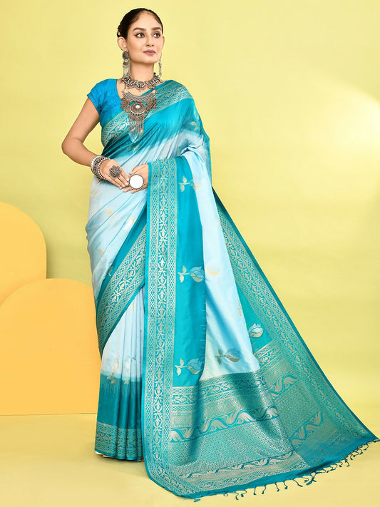 Joban Fashion Sky Blue & Rama Plain With Weaving Border Banarasi Silk Sarees | Swadesiicart