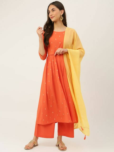 FIORRA Women's Orange Poly Crepe Flared Kurta With Dupatta - Swadesiicart