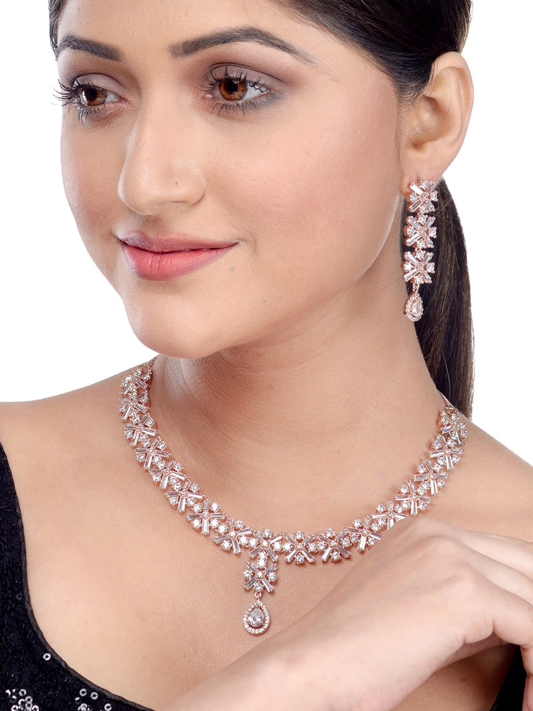 Saraf RS Jewellery Rose Gold-Polished American Diamond Studded Handcrafted Jewellery Set - Swadesiicart