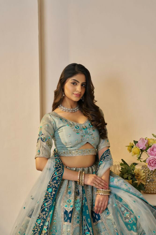 Kesar Fab Sky-Blue Banarasi Silk Embroidered Lehenga | Swadesiicart