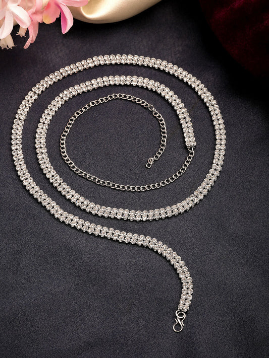 NVR Women's Silver-Plated AD-Studded Double Layered Kamarbandh Waist Chain | Swadesiicart