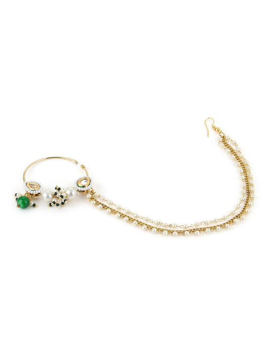 Gold-Polished White Green Kundan-Studded Pearl Beaded Nosepin - Ruby Raang | Swadesiicart