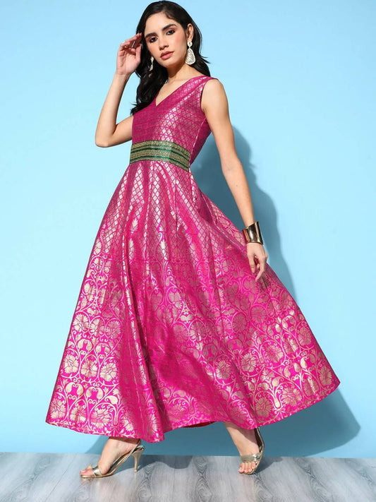 Ahalyaa Women Pink Poly Silk Gold Printed Dress | Swadesiicart