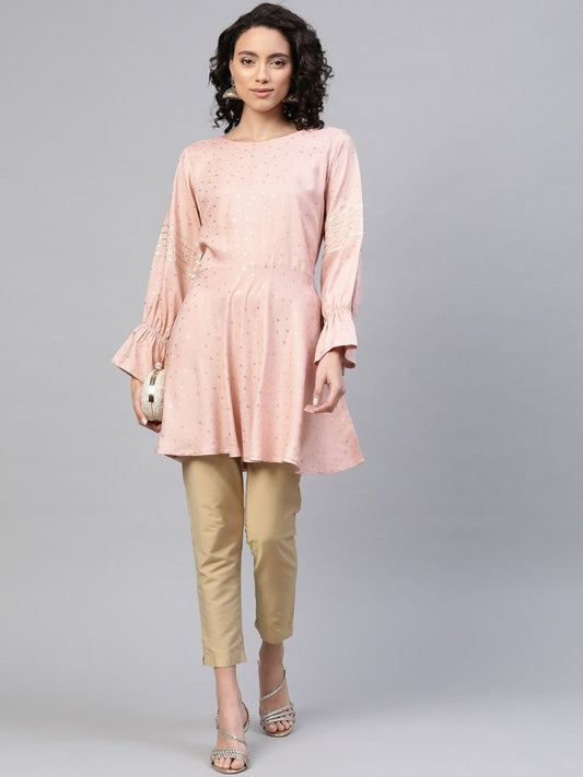 Ahalyaa Women Pink Rayon Golden Ethnic Print Tunic | Swadesiicart