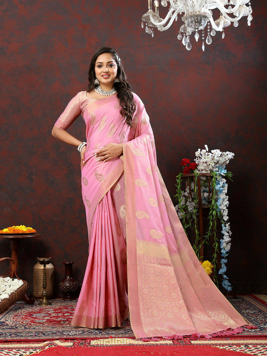 Lorenvalley Fashion Pink Cotton Woven Design with Zari Weaving Design Saree - Swadesiicart
