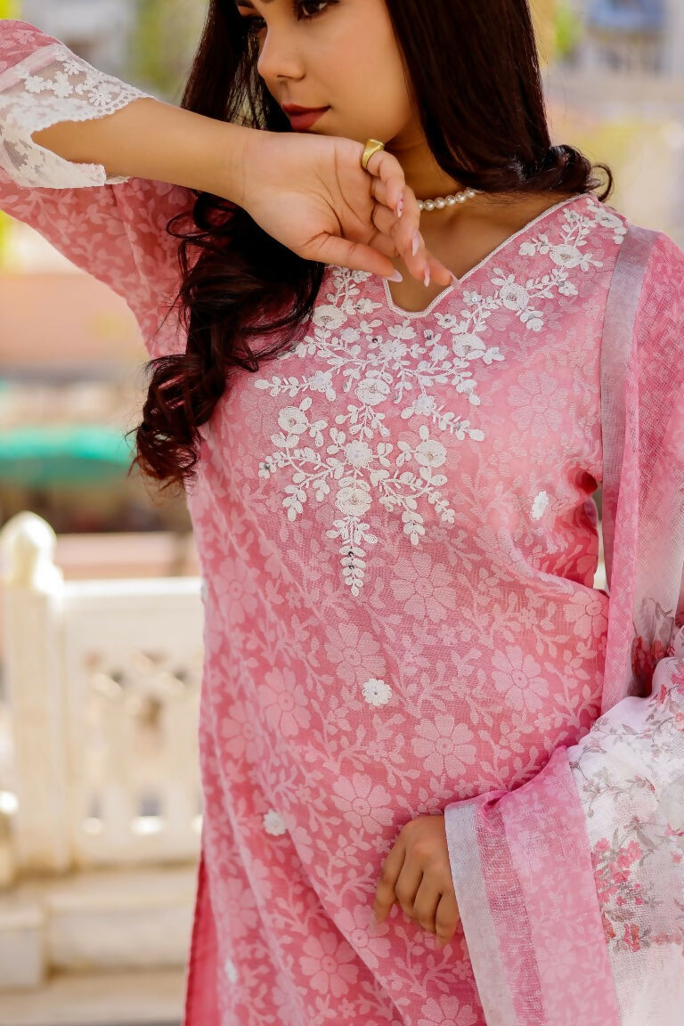 Vaasva Women Candy Pink Linen Printed Kurta, Pant & Dupatta set | Swadesiicart