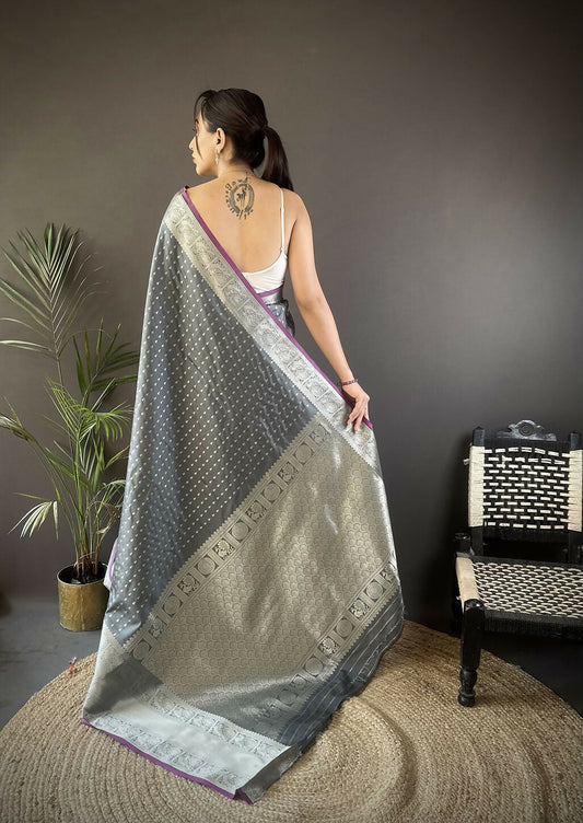 Joban Fashion Grey Small Butti Banarasi Silk Sarees | Swadesiicart