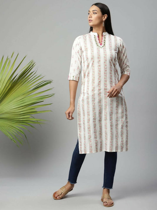 Ahalyaa Womens Off White Color Pure Cotton Printed Kurtas | Swadesiicart